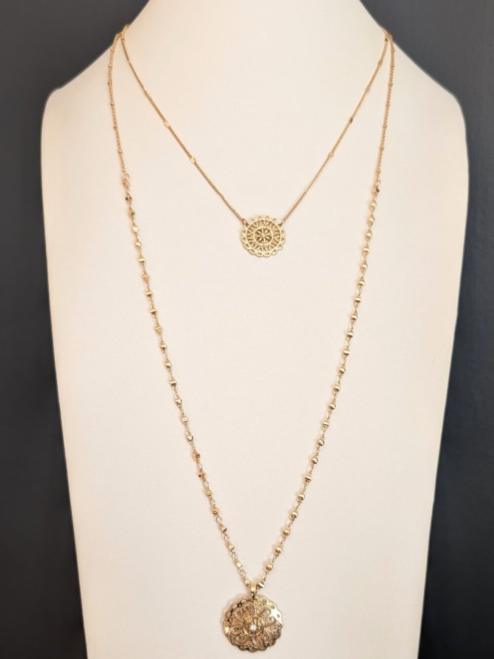 Double strand layered gold tone medallion necklace